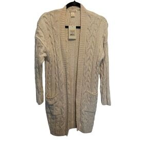 LUV LANE Cardigan Open Front Ivory Long Pockets Cable Knit Super Soft Cozy Small